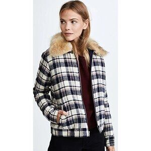Jenni Kayne Flannel Checked Coyote Fur Collar Full Zip Jacket Navy Ivory M